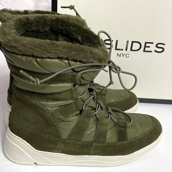 J Slides Jordy khaki green suede faux fur boots size 10 NIB - Picture 1 of 6